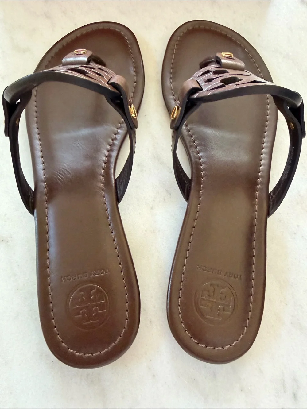 Tory Burch Dark Brown Miller Logo Leather Thong Sandals